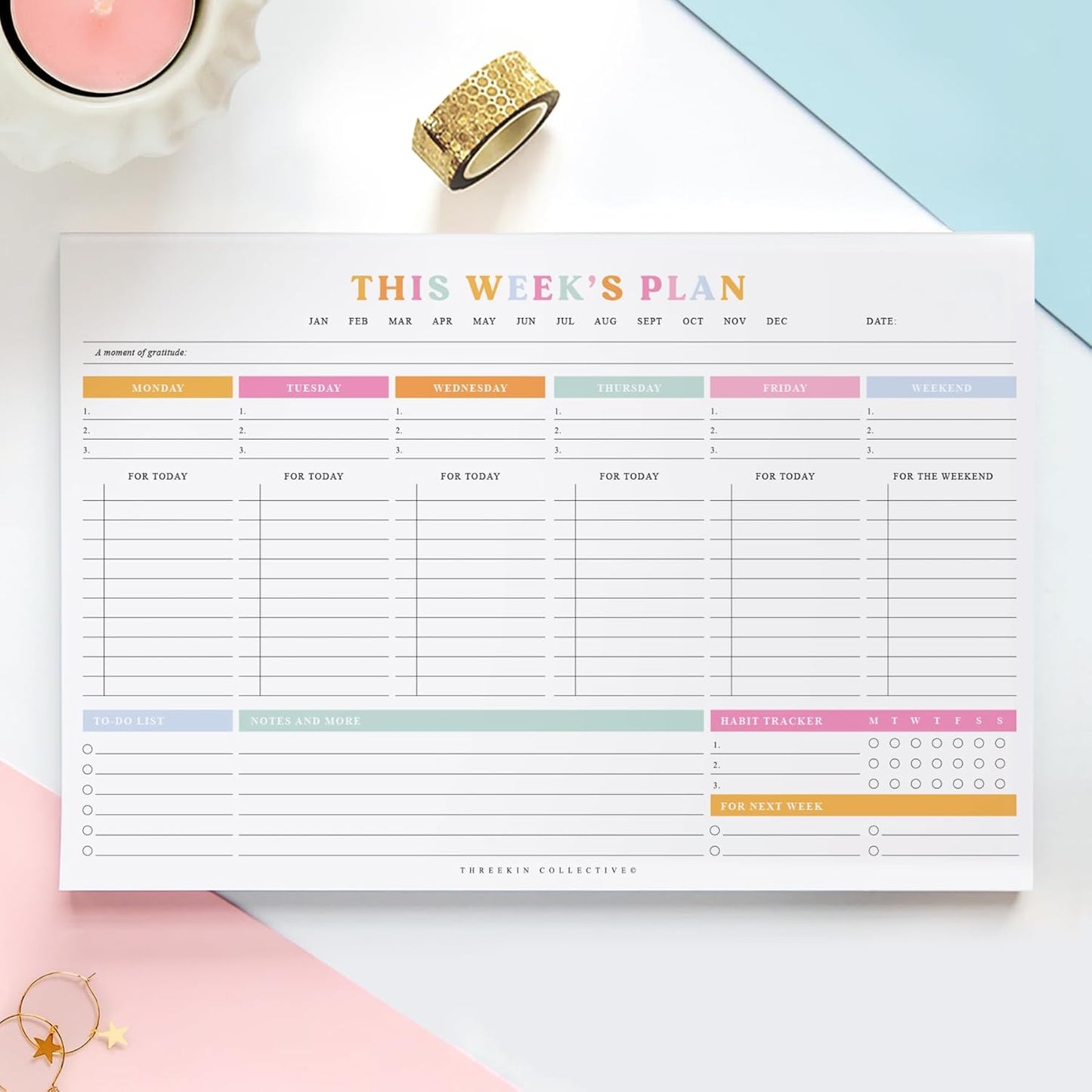 ThreeKin Weekly Planner - Premium 52-Sheet Tear-Off Notepad, 8.5 x 11 inches, Clean Colorful Design, Perfect for Work, School, Projects, and Entrepreneurs, Female & USA Owned Business