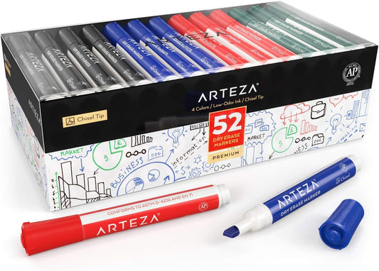 ARTEZA Dry Erase Markers, 52-Pack, Chisel Tip, 4 Assorted Colors, Low-Odor Ink for Whiteboards, Classroom, Office, or Home Use