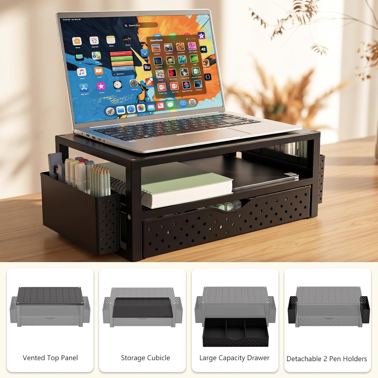 WALI Computer Monitor Stand for Desk, Adjustable Laptop Riser, Desk Monitor Stand Underneath Storage for Office, School Supplies (PTT001-B), 1 Pack, Black