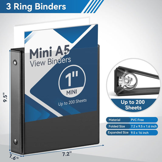 SUIN Mini 3 Ring Binder A5 Size 5.5"x8.5", 1" Round Ring 200 Sheet Capacity, Bulk 6 Pack White Binders for School Office