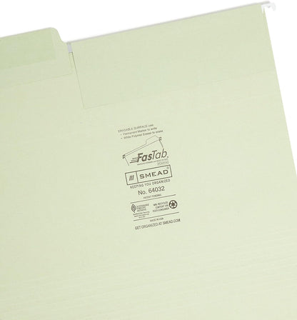 Smead Erasable FasTab Hanging File Folder, 1/3-Cut Built-in Tab, Letter Size, Moss, 20 per Box (64032)