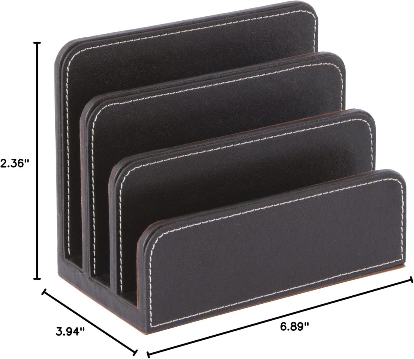 OSCO Black Faux Leather Letter Holder | Mail Sorter | Post Rack | Envelope Organiser | Document Stand | Desk File Storage | Display Slots | H14 x W17.5 D10 cm |