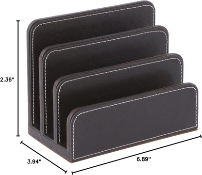 OSCO Black Faux Leather Letter Holder | Mail Sorter | Post Rack | Envelope Organiser | Document Stand | Desk File Storage | Display Slots | H14 x W17.5 D10 cm |