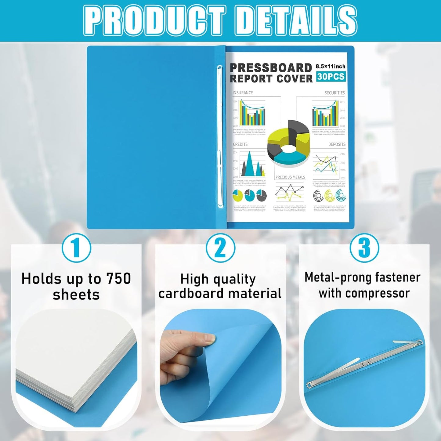 Dunzoom 30 Pcs 8.5'' x 11'' Pressboard Report Cover, 3'' Capacity Metal Prong Fastener with Compressor, Letter Size, Presentation Folder to Neatly Bind Report, Proposal Document (Black)