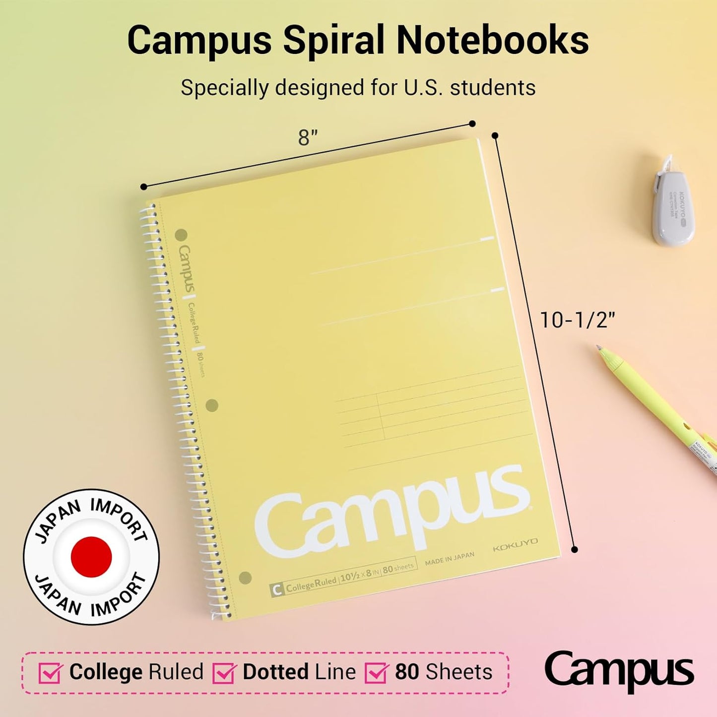 KOKUYO Spiral Notebook, 3 Pack Campus 10-1/2" x 8" Subject Notebooks with College Ruled, 80 Sheets, Pink Blue Green 3 Holes School Spiral Journal for Work Study Note Taking (WSG-SU-400G1×3)