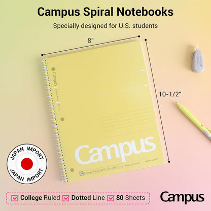 KOKUYO Spiral Notebook, 3 Pack Campus 10-1/2" x 8" Subject Notebooks with College Ruled, 80 Sheets, Pink Blue Green 3 Holes School Spiral Journal for Work Study Note Taking (WSG-SU-400G1×3)