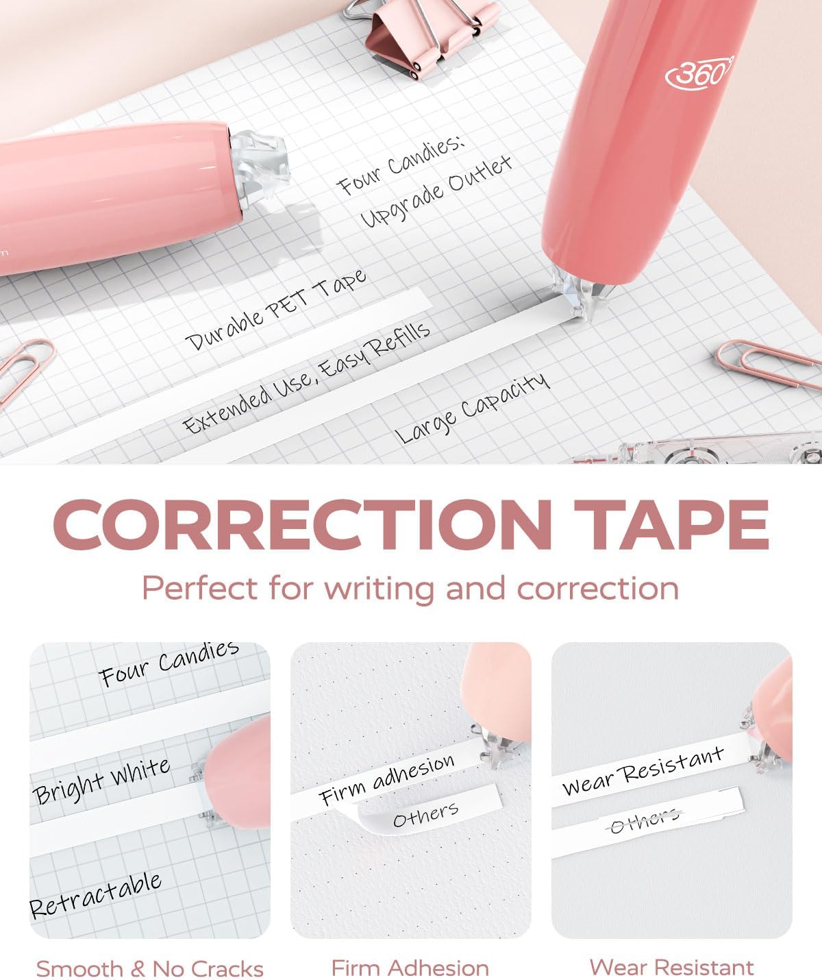 Four Candies Refillable Retractable White Correction Tape, 4PCS Smooth White Pull-Out Tape with 4 Extra Refills, Easy to Use Applicator for Instant Corrections for Office, School Supplies (Purple)
