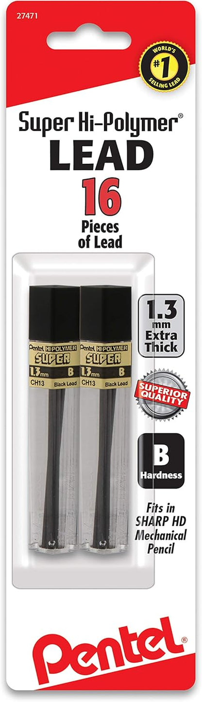 Pentel Super Hi-Polymer Lead Refill (1.3mm) B, 8Pcs/Tube, 2Pk