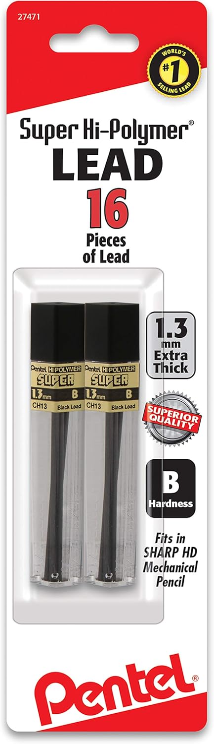 Pentel Super Hi-Polymer Lead Refill (1.3mm) B, 8Pcs/Tube, 2Pk