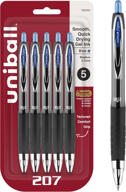 Uniball Signo 207 Blue Retractable Gel Pens 5 Pack with Medium 0.7mm Points, Fraud Proof and the Best Office, Nursing, Business, School, and Bible Pens