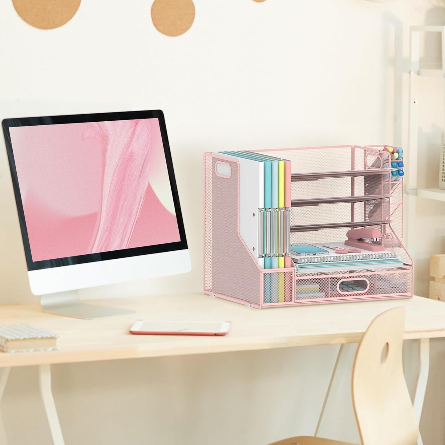 SUPEASY Desk Organizer with File Holder, 5-Tier Mesh Paper Letter Tray Organizer with Pen Holder and Drawer, Desktop Organizer and Storage with 3 Tilted File Sorter for Office Supplies, Blue