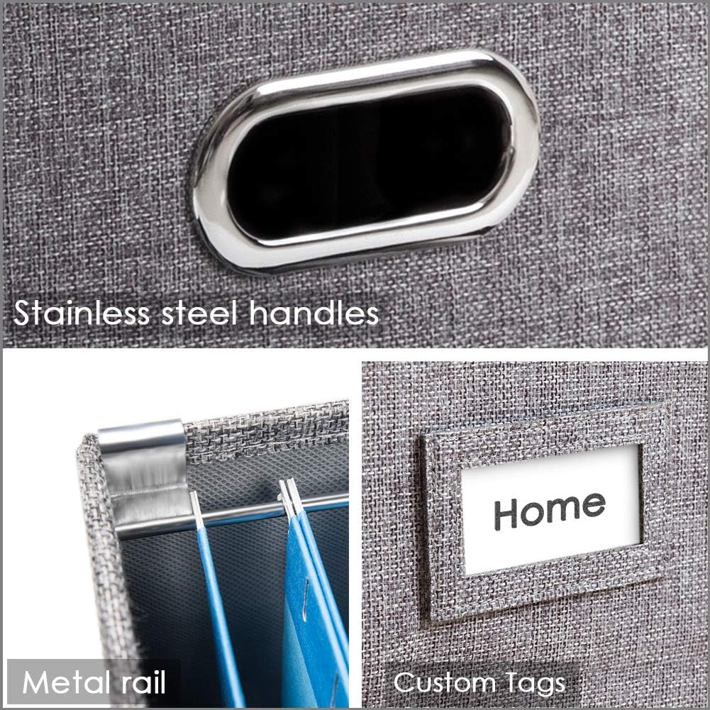 PRANDOM File Organizer Box - Collapsible Decorative Linen Filing Storage with Lids for Letter Size - Grey (14x9.3x10.8 inch)