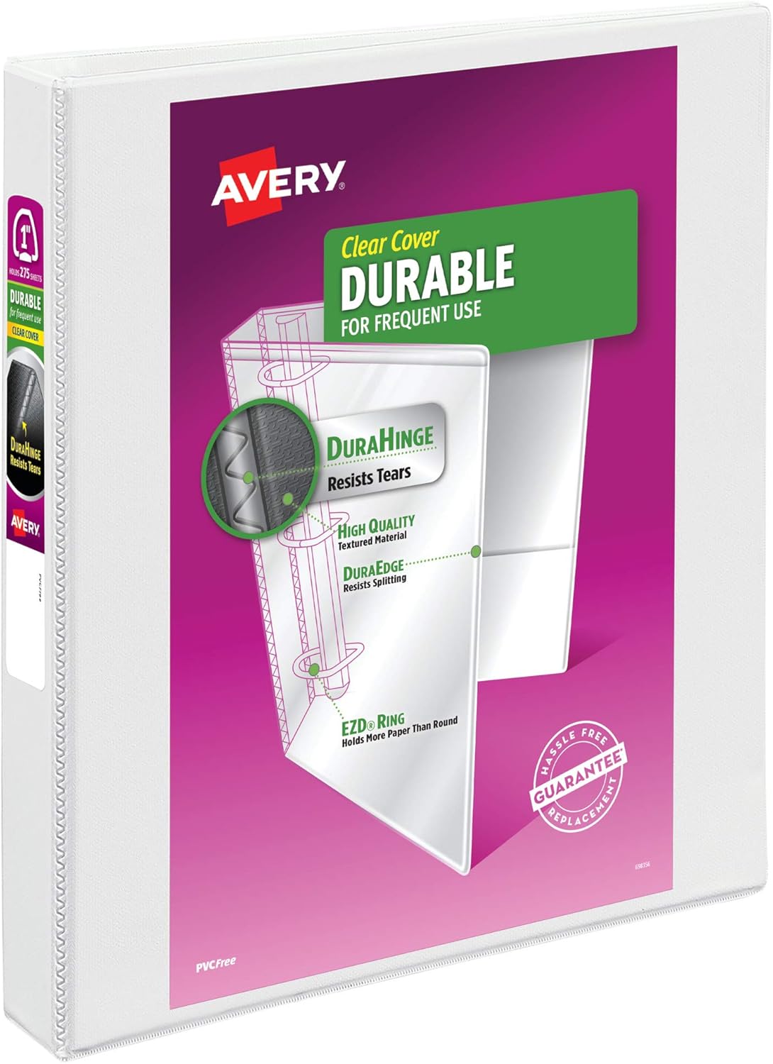 Avery Durable Clear View 3 Ring Binders, 2 Inch EZD Rings, 1 White Binder (09501)