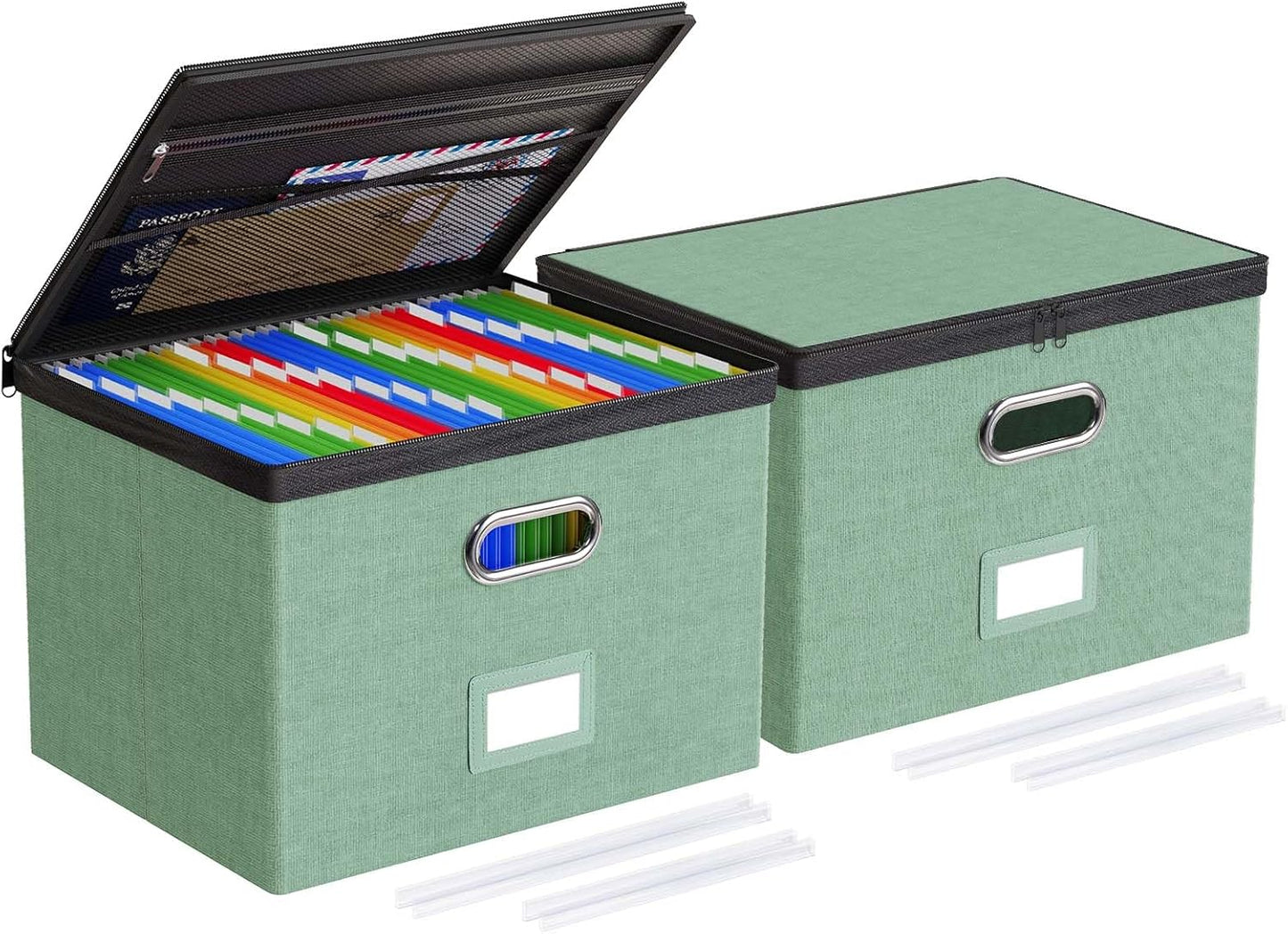 Oterri 2 Pack File Organizer Boxes with Lids, File Box with Mesh Pockets, Document Organizer Box for File Folders Letter Size, Zippers Filing Box for Home, Office, School (Green, Without Folders)