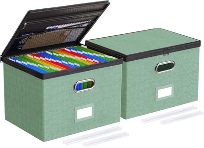 Oterri 2 Pack File Organizer Boxes with Lids, File Box with Mesh Pockets, Document Organizer Box for File Folders Letter Size, Zippers Filing Box for Home, Office, School (Green, Without Folders)