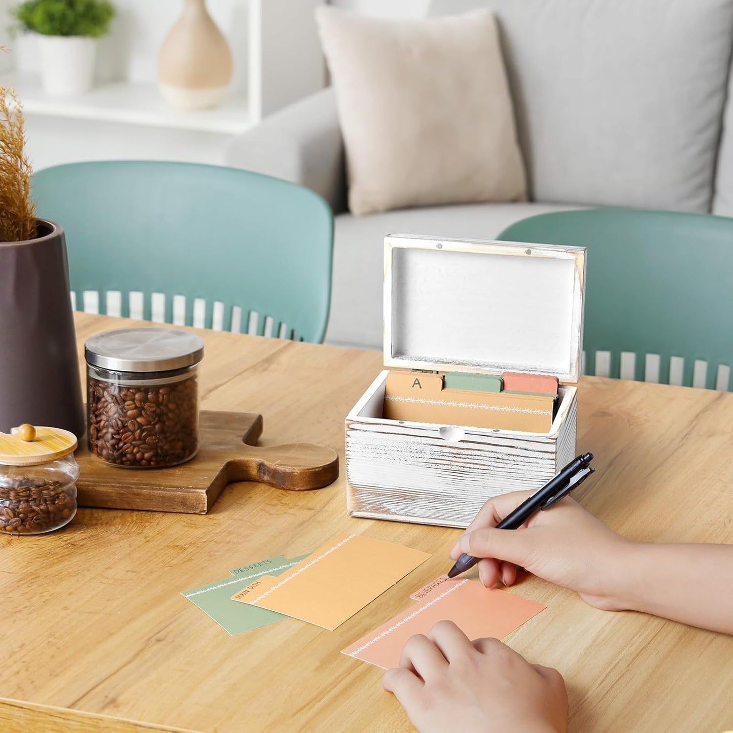 DRASTAR Index Card Holder, 3x5 Index Card Box, Wooden Index Card Organizer with 45 Dividers, Flashcard Notecard Holders for Home Office, Brown
