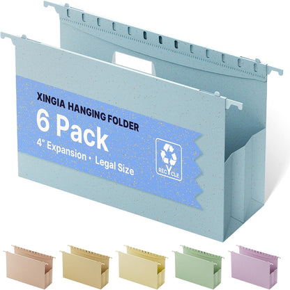 XINGIA Wheat Straw Reinforced Hanging File Folders Legal Size,4 Inch Expansion File Organizer,6 Pack Extra Capacity File Cabinet Folders for Bulky Files,Medical Charts,Filing Folders Hanging with Tabs