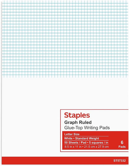 STAPLES Notepads, 8.5” x 11”, Graph Ruled, White, 50 Sheets/Pad, 6‑Pack