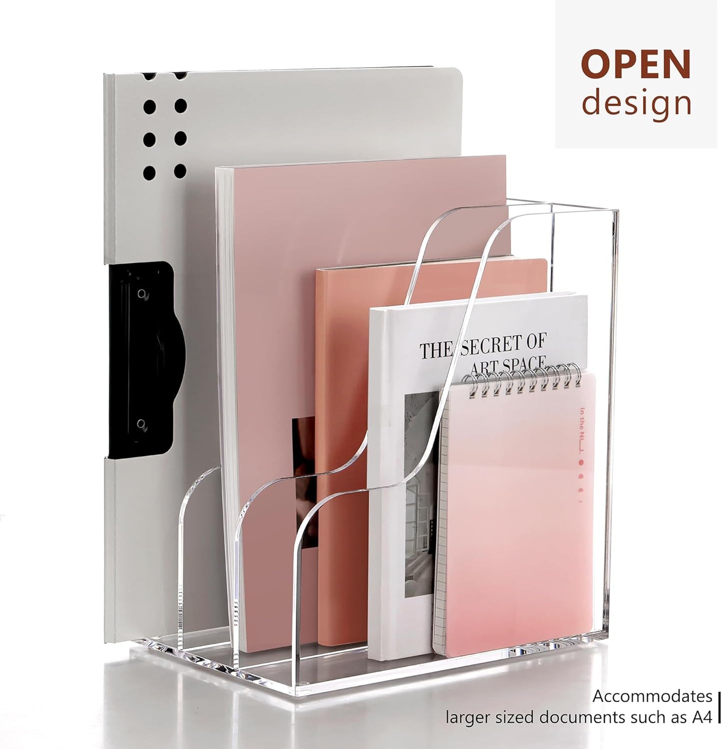 SANRUI Desk Organizer Clear Acrylic Desk Magazine File Holder with 3 Vertical Sections Magazine Rack File Organizer for Office, Home, School