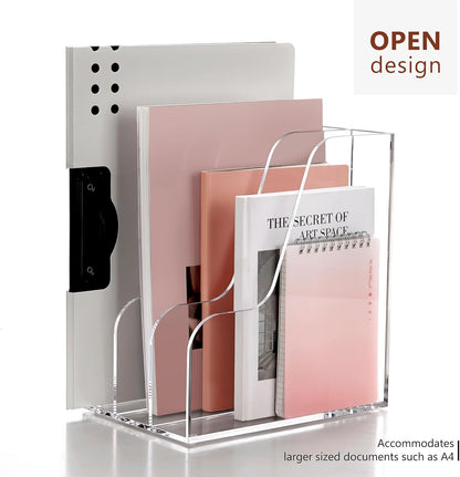 SANRUI Desk Organizer Clear Acrylic Desk Magazine File Holder with 3 Vertical Sections Magazine Rack File Organizer for Office, Home, School