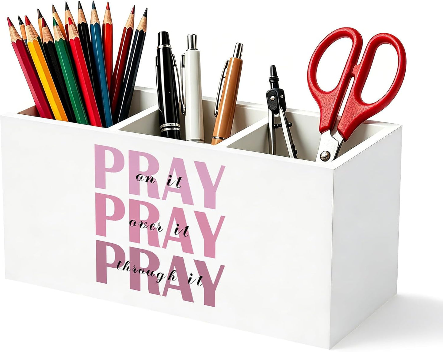 Don't Overthink It Inspirational Pencil Pen Holder for Desk, Pink Positive Affirmations Wooden Box Sign Pen Holder Organizer for Home Office School Desk Accessories