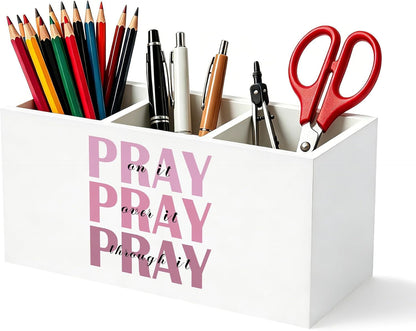 Don't Overthink It Inspirational Pencil Pen Holder for Desk, Pink Positive Affirmations Wooden Box Sign Pen Holder Organizer for Home Office School Desk Accessories