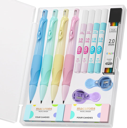 Four Candies 2.0MM Handwriting Pencils for Kids with Comfort Ergonomic Grip, 4PCS Cute Mechanical Pencils with 44PCS Lead Refills, 2PCS Sharpeners/Erasers, Aesthetic School Supplies for Kids Writing