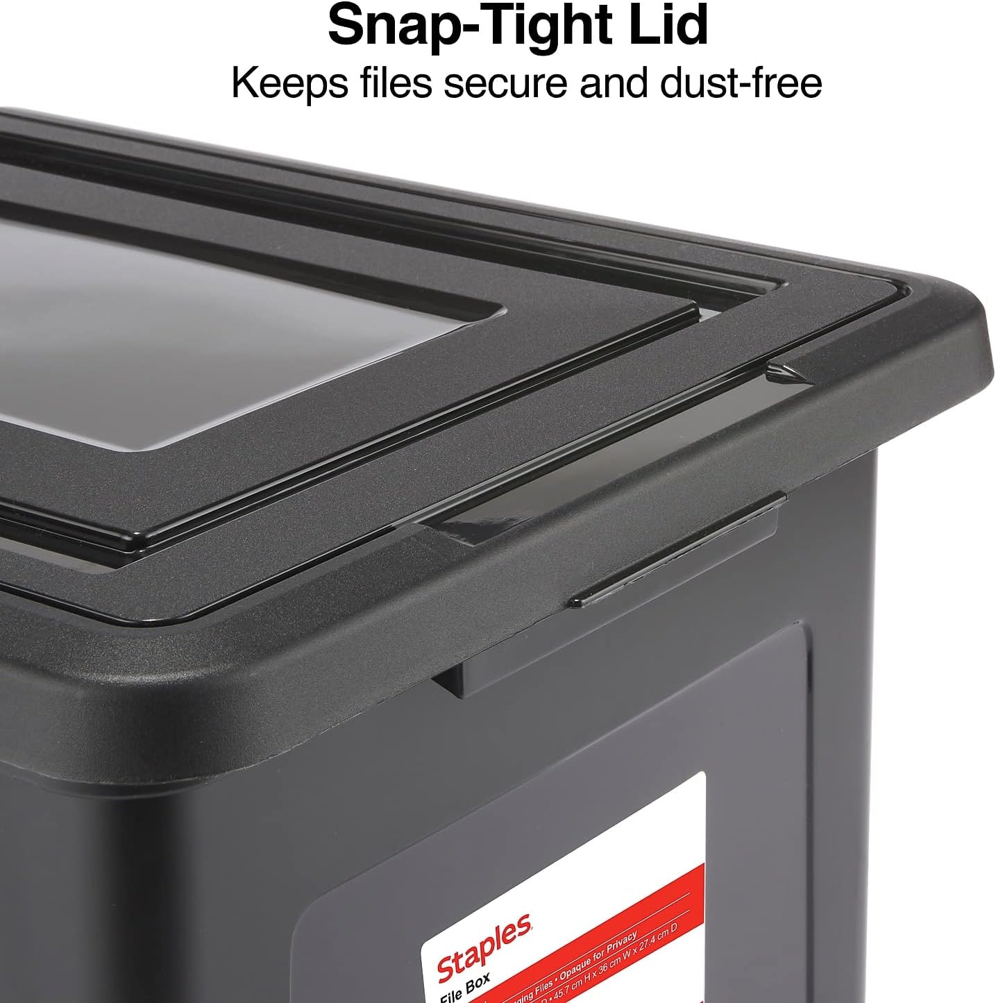 STAPLES File Folder Tote, Portable Filing Box for Letter SIze Hanging Folders, Security Latch & Built-In Lid Organizer, Black/Clear