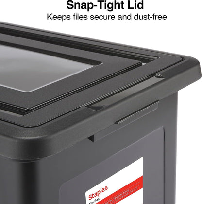 STAPLES File Folder Tote, Portable Filing Box for Letter SIze Hanging Folders, Security Latch & Built-In Lid Organizer, Black/Clear