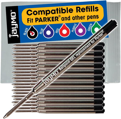 Jaymo Replacement for Parker 30525PP/30526PP and Bastion - Measures 3.875 in / 98 mm Long - G2 Gel Ballpoint Pen Refill - 2 Black + 2 Blue + Red + Purple