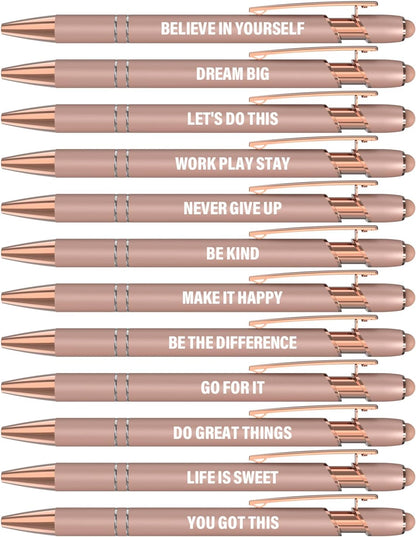 Actsun Funny Pens - 12 Pack Fine Point Smooth Writing Pens with Inspirational Tips, Black Ink, Touch Stylus Screens, Motivational Gift for Office & Desk Accessories