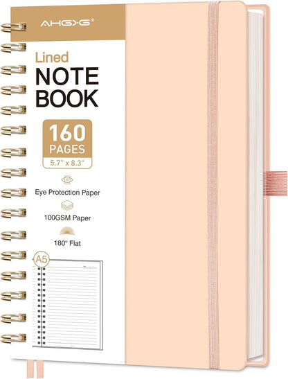 AHGXG Spiral Journal Notebook, 160 Lined Pages, A5 Medium Size (5.7'' x 8.3''), for Men & Women, Journaling, Writing, Work & Office, Hardcover, 100 GSM Thick Paper (Light Green)