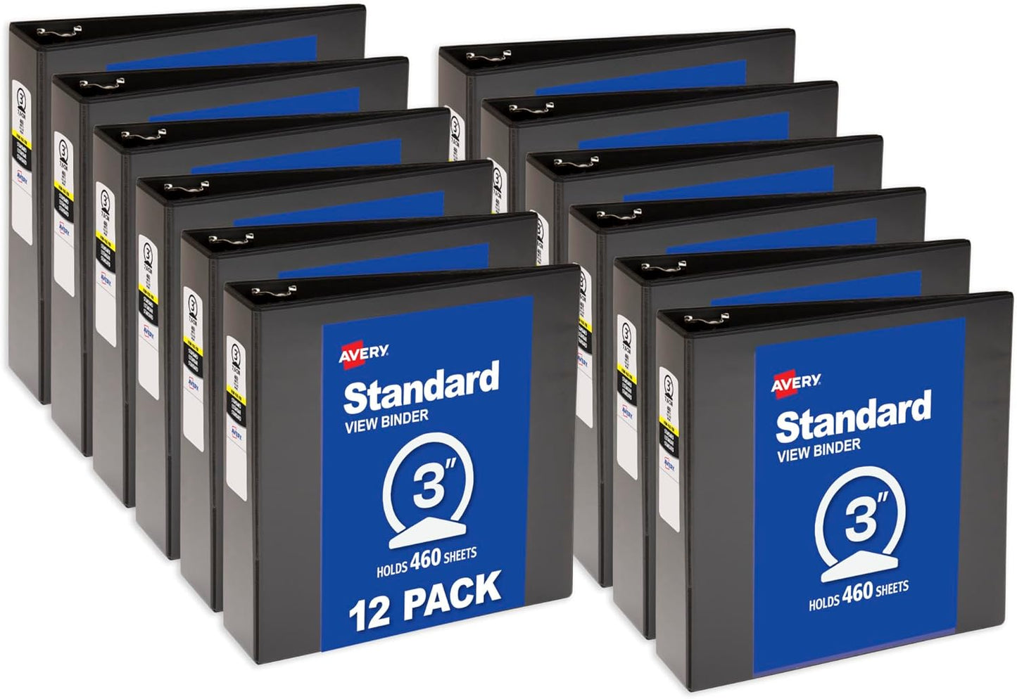 Avery Standard View 3 Ring Binders, 0.5" Round Rings, 100-Sheet Capacity, 0.7 Inch Wide Spine, Black Binders, Ideal for Lightweight Organization and Occasional Referencing (12-Pack of 05705)