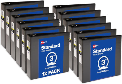 Avery Standard View 3 Ring Binders, 0.5" Round Rings, 100-Sheet Capacity, 0.7 Inch Wide Spine, Black Binders, Ideal for Lightweight Organization and Occasional Referencing (12-Pack of 05705)