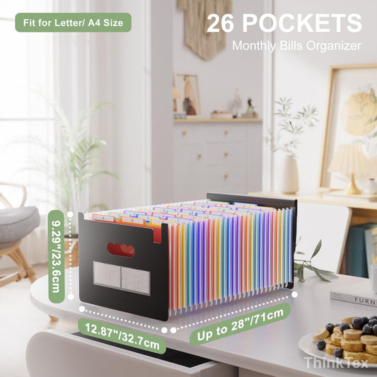 ThinkTex Accordion File Organizer, 26 Pockets Expanding File Folders, Monthly Bill Receipt Documents Organizer, A-Z Colorful Tabs, Letter/A4 Size - Green