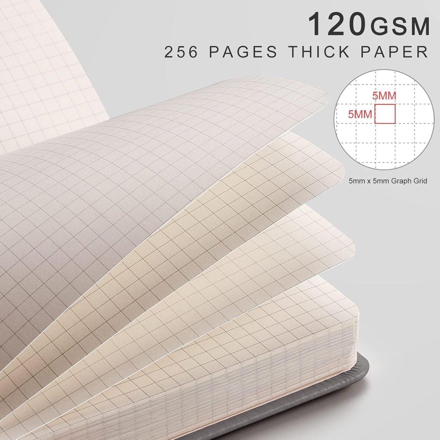 EMSHOI Graph Paper Notebook - 256 Pages A5 Graph Notebook/Journal, Hard Cover, 120gsm Thick Paper, Smooth PU Leather, Inner Pocket, 5.75'' × 8.38''-Black