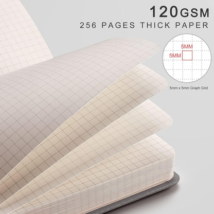 EMSHOI Graph Paper Notebook - 256 Pages A5 Graph Notebook/Journal, Hard Cover, 120gsm Thick Paper, Smooth PU Leather, Inner Pocket, 5.75'' × 8.38''-Black