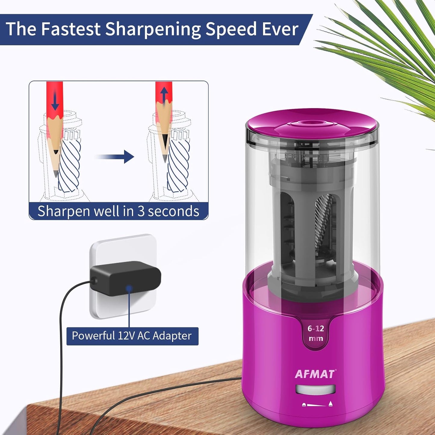 AFMAT Electric Pencil Sharpener, Auto Stop, Super Sharp & Fast, Electric Pencil Sharpener Plug in for 6-12mm No.2/Colored Pencils/Office/Home PS94
