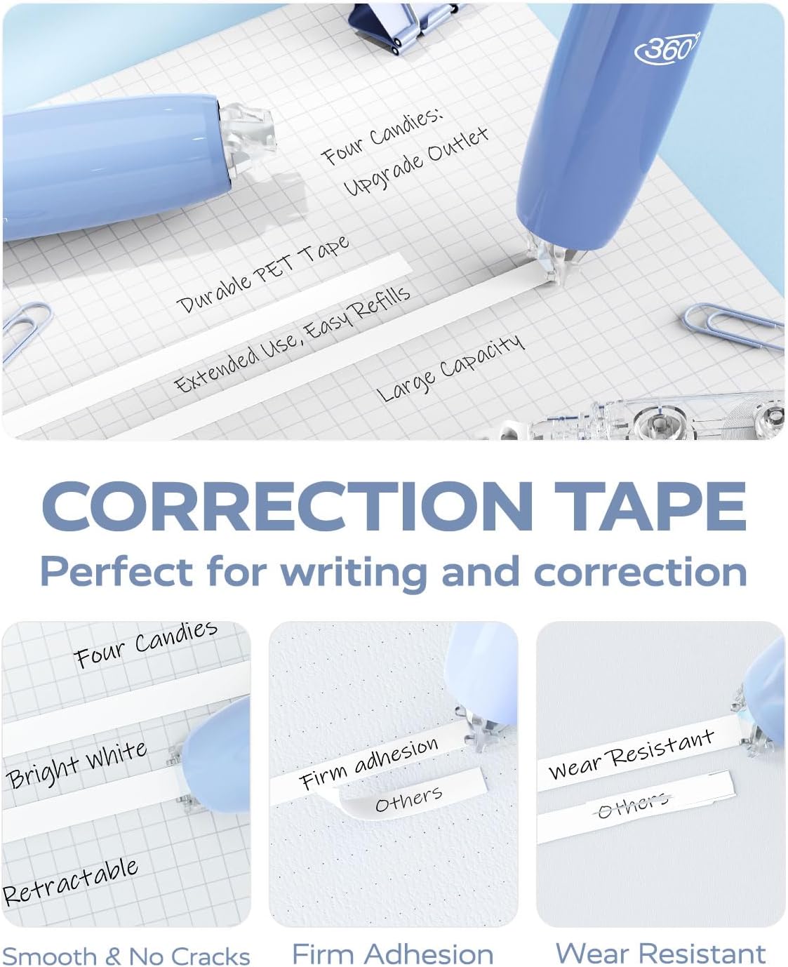 Four Candies Refillable Retractable White Correction Tape, 4PCS Smooth White Pull-Out Tape with 4 Extra Refills, Easy to Use Applicator for Instant Corrections for Office, School Supplies (Purple)