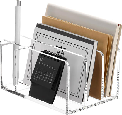 SANRUI 5 Compartments Acrylic Mail Sorter Holder, Clear Document Magazine Envelope File Rack, Vertical Letter Sorter & Multifunction Desk Organizer for Bills, Documents, Notebooks