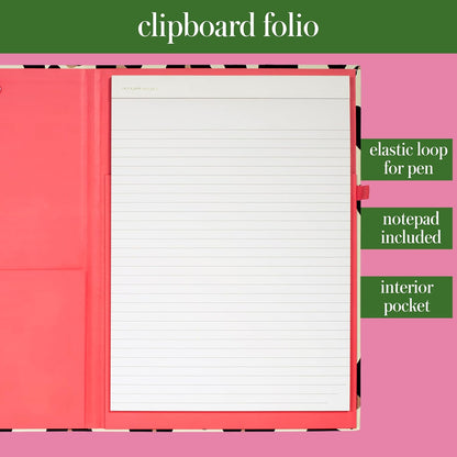Kate Spade New York Clipboard Folio with Low Profile Clip, Black Professional Padfolio Includes Lined Notepad, Pen Loop, and Pocket, Polka Dots