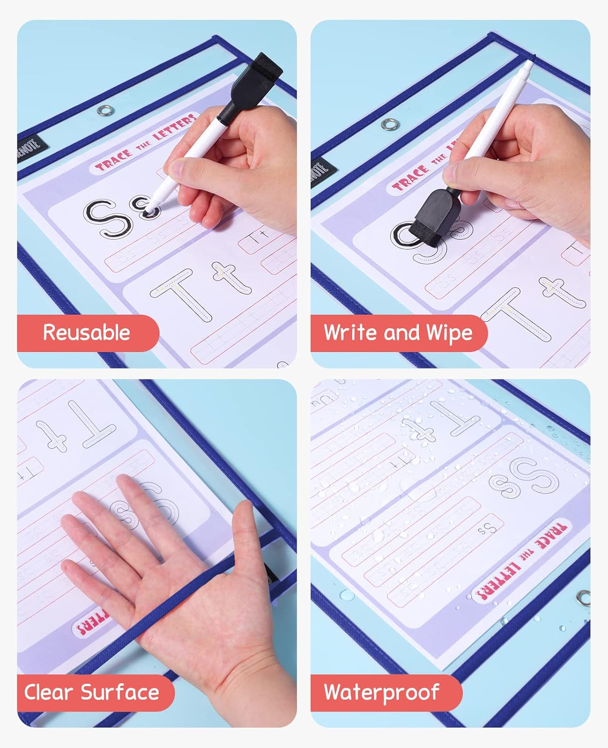 Gamenote Dry Erase Pockets 30 Pack with Rings, Oversized Reusable Plastic Sleeves Shop Job Ticket Holders Sheet Protectors Teacher Supplies Organization for Classroom Must Have, 10x14 Inches (Black)