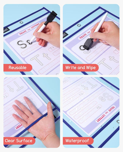 Gamenote Dry Erase Pockets 30 Pack with Rings, Oversized Reusable Plastic Sleeves Shop Job Ticket Holders Sheet Protectors Teacher Supplies Organization for Classroom Must Have, 10x14 Inches (Black)