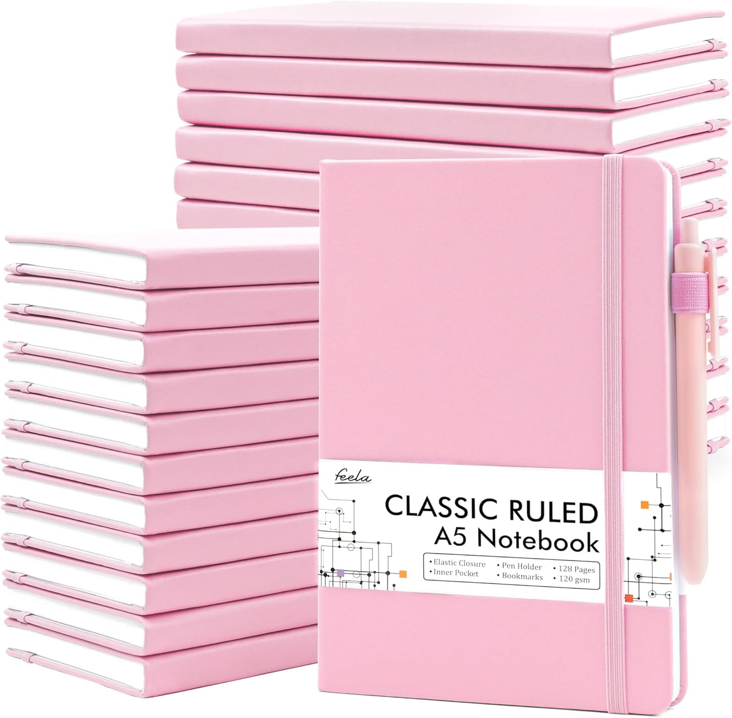feela College Ruled Notebooks, 24 Pack Business Notebook Hardcover Lined Writing Journal with Pen Holder for Men Women Note Taking, with 24 Black Pens, 120 GSM, 5.1”x8.3”, A5, White