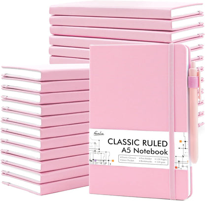 feela College Ruled Notebooks, 24 Pack Business Notebook Hardcover Lined Writing Journal with Pen Holder for Men Women Note Taking, with 24 Black Pens, 120 GSM, 5.1”x8.3”, A5, White