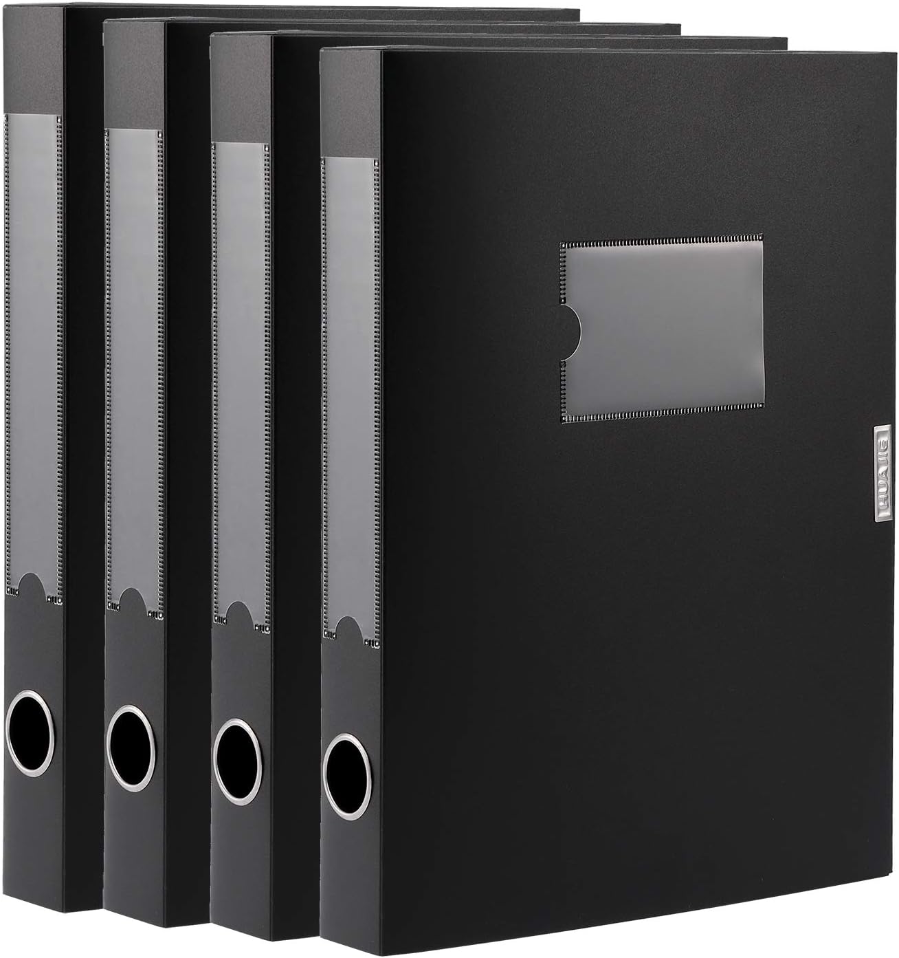 HUA JIE A4 Storage File Boxes Plastic Archives Cases with Lid, File Folder Organizer Document Filing Box for office,31×7.5×23.5 cm, Black(Pack of 4)