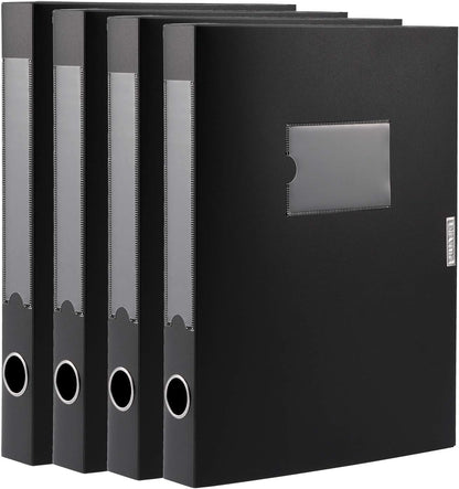 HUA JIE A4 Storage File Boxes Plastic Archives Cases with Lid, File Folder Organizer Document Filing Box for office,31×7.5×23.5 cm, Black(Pack of 4)