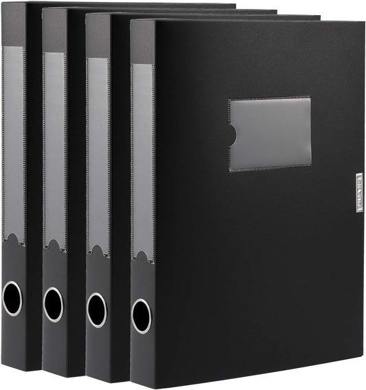 HUA JIE A4 Storage File Boxes Plastic Archives Cases with Lid, File Folder Organizer Document Filing Box for office,31×7.5×23.5 cm, Black(Pack of 4)