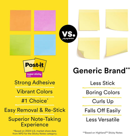 Post-it Super Sticky Lined Notes, 6 Sticky Note Pads, 4 x 4 in., School Supplies, Office Products, Sticky Notes for Vertical Surfaces, Monitors, Walls and Windows, Energy Boost Collection