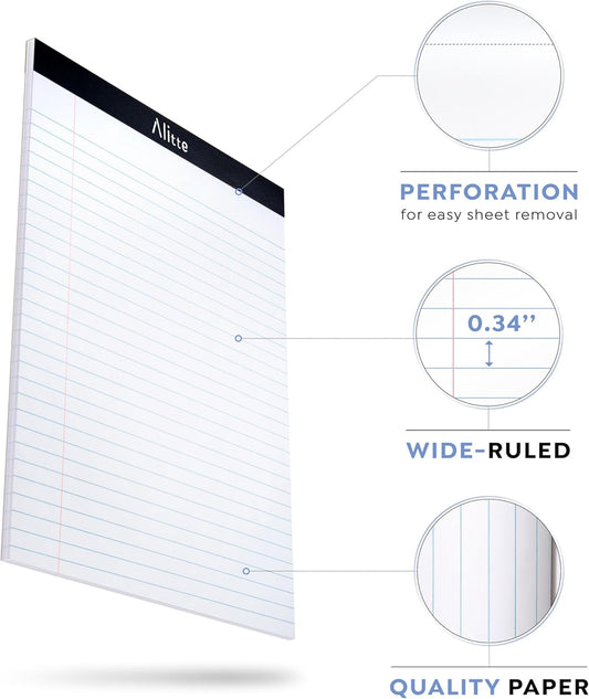 Alitte Legal Notepads 8.5 x 11, Pack of 12 - Perforated Wide Ruled Writing Pad - Premium Thick Paper, No Ink Bleeding - Blank Legal Pads For Home, Office, School, Business - 50 Sheets Per Notebook